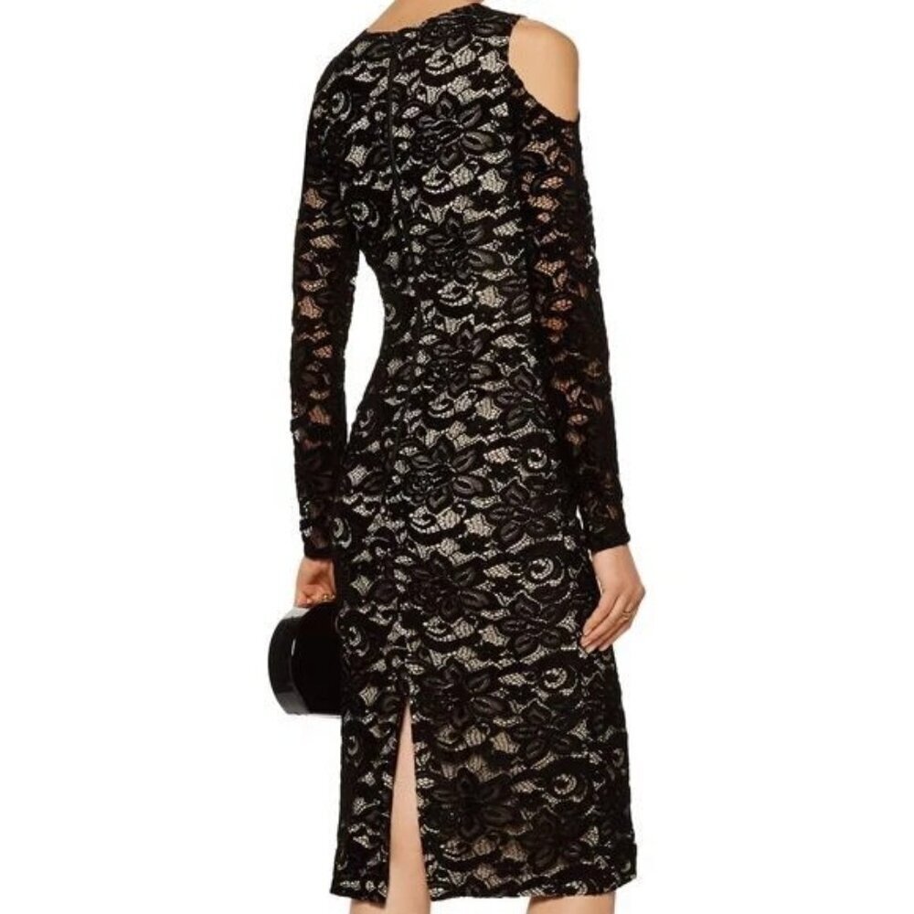 Alice and Olivia Lace Midi Dress Size 4 Laila Cold Shoulder Straight Long Sleeve - Picture 2 of 10